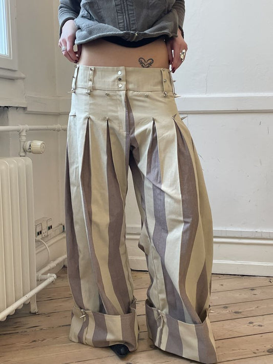 Beige Striped Spiked Pants