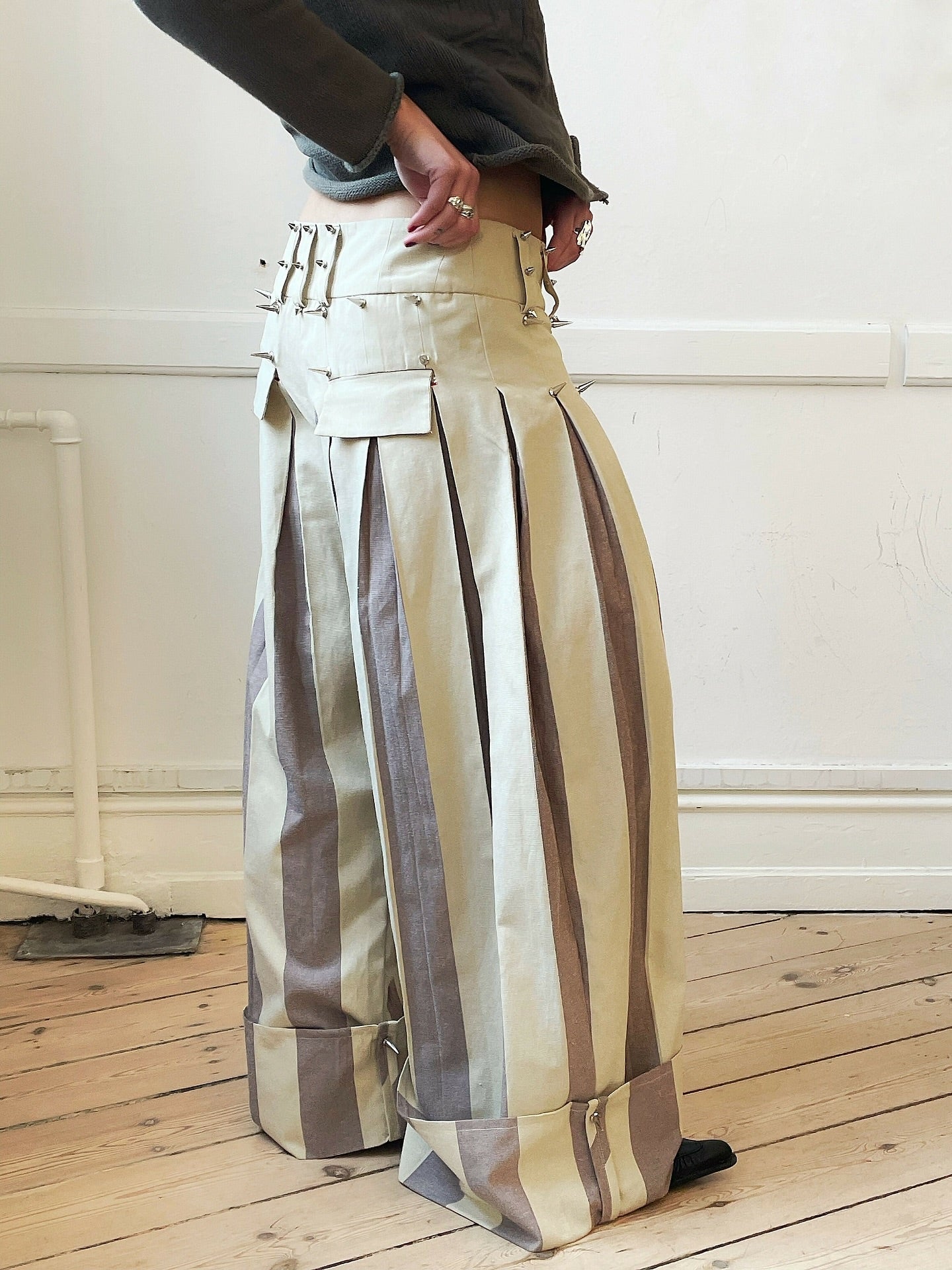 Beige Striped Spiked Pants