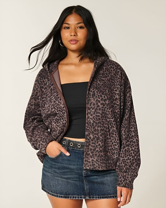 Oversized Leopard Print Zip-Up Hoodie
