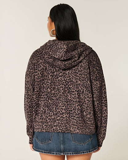 Oversized Leopard Print Zip-Up Hoodie