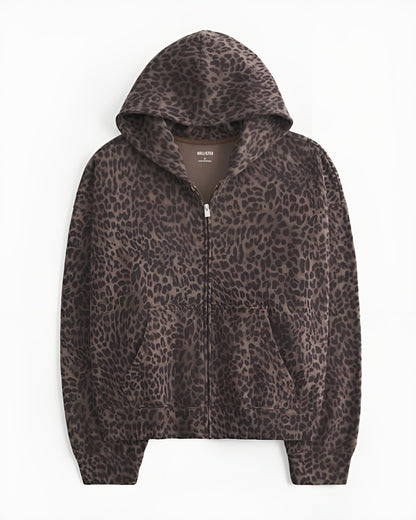 Oversized Leopard Print Zip-Up Hoodie