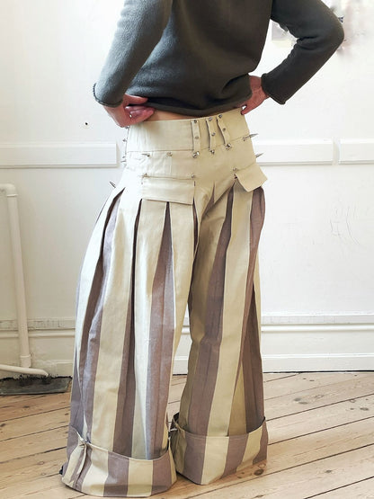 Beige Striped Spiked Pants